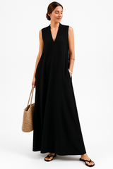 BLK Luxe Resort Lounge Flowy Stand Collar Sleeveless Maxi Woven Dress