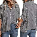 BLK Vertical Stripes Batwing Button-down Collared Shirt Top