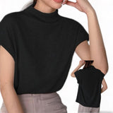 BLUSA Classic Textured Knit Mock Neck Extended Padded Sleeves Top