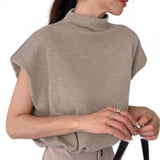 BLUSA Classic Textured Knit Mock Neck Extended Padded Sleeves Top