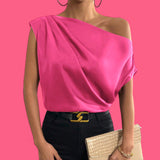 BLUSA Silky Venus Neck Ruched Shoulder Blouse Top