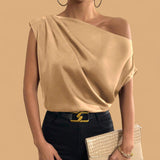 BLUSA Silky Venus Neck Ruched Shoulder Blouse Top