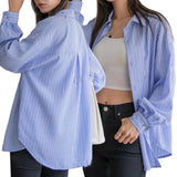 HAMPTONS Woven Stripes Collar Buttondown Curve Hem Casual Loose Polo Shirt Top