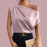 BLUSA Silky Venus Neck Ruched Shoulder Blouse Top