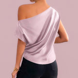 BLUSA Silky Venus Neck Ruched Shoulder Blouse Top