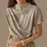 BLK Knit Daily Mock Neck Ruched Shoulder Blouse Top