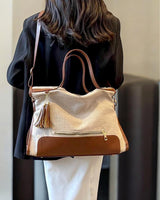 PREORDER BOLSO Vintage Rectangular Canvas Leather Large Tote Bag w Tassel