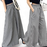 PREORDER BLK Woven Gingham Checkered Elastic Waist Wide Leg Casual Pants