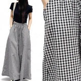 PREORDER BLK Woven Gingham Checkered Elastic Waist Wide Leg Casual Pants