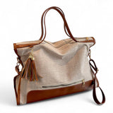 PREORDER BOLSO Vintage Rectangular Canvas Leather Large Tote Bag w Tassel