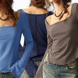 GYPSY Cotton Boho Scoop Neck Cotton Textured Flared Long Sleeves Top