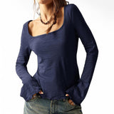 GYPSY Cotton Boho Scoop Neck Cotton Textured Flared Long Sleeves Top