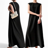 BLK Crepe Round Neck Cap Sleeve Casual Long Dress