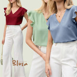 BLUSA Woven Ruffled Sleeves Pastel V Neck Blouse Top