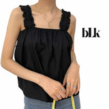 BLK Woven Ruched Shoulder Strap Black Summer Cami Top