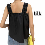 BLK Woven Ruched Shoulder Strap Black Summer Cami Top