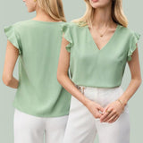 BLUSA Woven Ruffled Sleeves Pastel V Neck Blouse Top