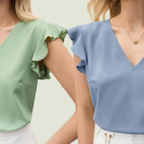 BLUSA Woven Ruffled Sleeves Pastel V Neck Blouse Top