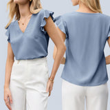 BLUSA Woven Ruffled Sleeves Pastel V Neck Blouse Top