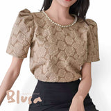 BLUSA Floral Jacquard Butterfly Puff Sleeves Blouse Top