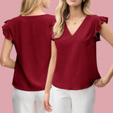 BLUSA Woven Ruffled Sleeves Pastel V Neck Blouse Top