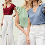 BLUSA Woven Ruffled Sleeves Pastel V Neck Blouse Top