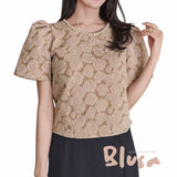 BLUSA Floral Jacquard Butterfly Puff Sleeves Blouse Top