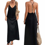 BLK Summer Beaded Strap V Neck Low Back Long Dress