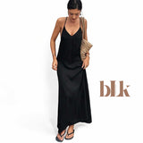 BLK Summer Beaded Strap V Neck Low Back Long Dress
