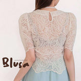 BLUSA Lace Sheer Puff Sleeve Mock Neck Blouse Top