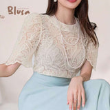 BLUSA Lace Sheer Puff Sleeve Mock Neck Blouse Top
