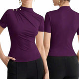 GBOSS Decor Ruched Shoulder Mock Neck Work Wear Knit Top