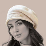 ROYALTEA Knitted Beret Hat – Soft Ribbed Wool with Gold Emblem | Chic Winter Cap for Women