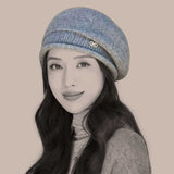 ROYALTEA Knitted Beret Hat – Soft Ribbed Wool with Gold Emblem | Chic Winter Cap for Women