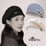 ROYALTEA Knitted Beret Hat – Soft Ribbed Wool with Gold Emblem | Chic Winter Cap for Women