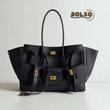 BOLSO Oversized Black Tote Bag | Timeless Structured Handbag with Gold Accents