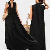BLK Luxe Resort Lounge Flowy Stand Collar Sleeveless Maxi Woven Dress