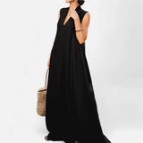 BLK Luxe Resort Lounge Flowy Stand Collar Sleeveless Maxi Woven Dress