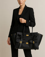 BOLSO Oversized Black Tote Bag | Timeless Structured Handbag with Gold Accents