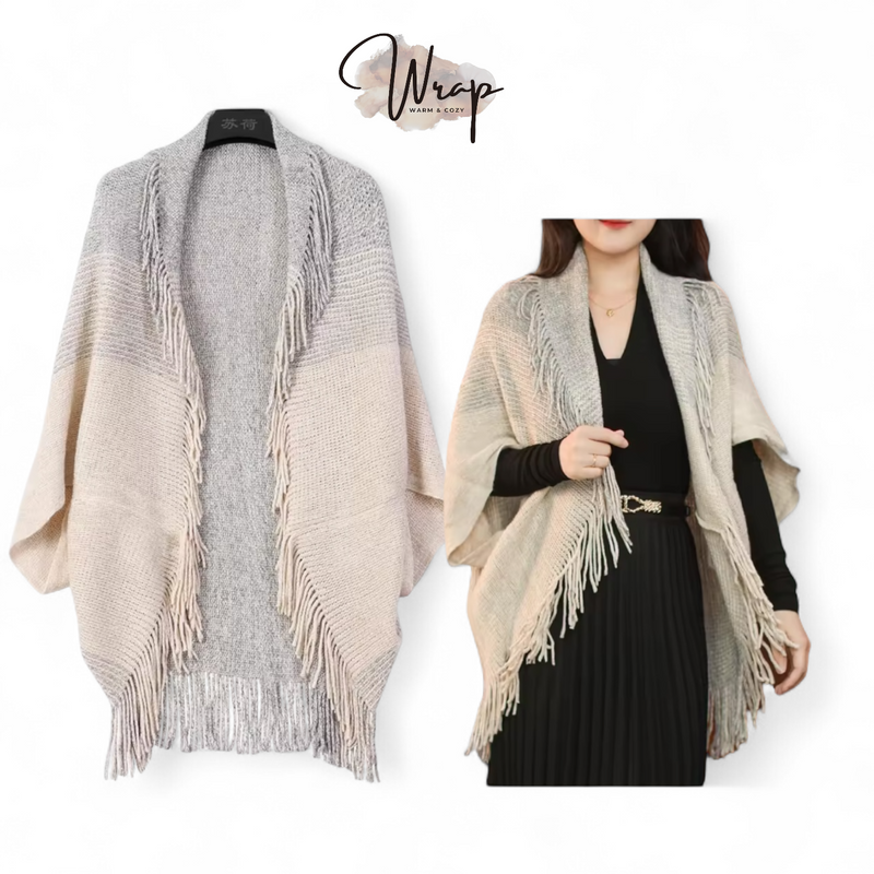 WRAP Fringe Knit Cardigan – Soft Drape Shawl with Ombre Stripes