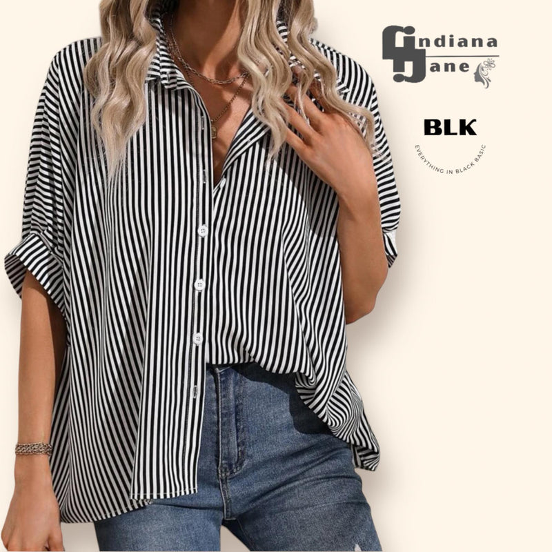 BLK Vertical Stripes Batwing Button-down Collared Shirt Top