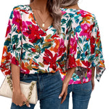 GYPSY V Neck Floral Printed Loose Blouse Top