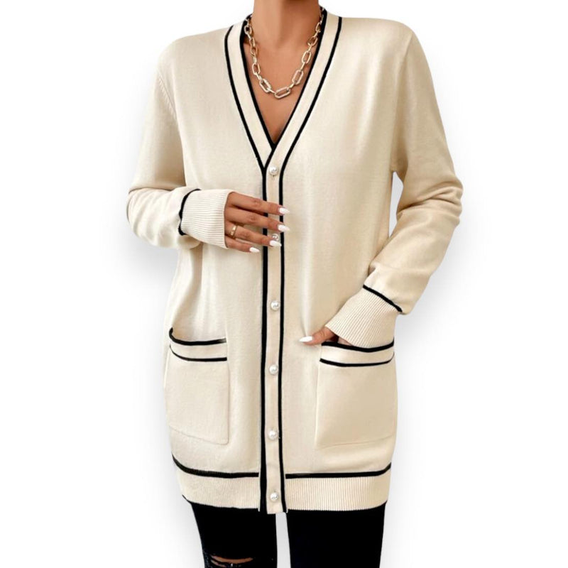 LOOM Contrast Trim Long Knit Cardigan With Pockets