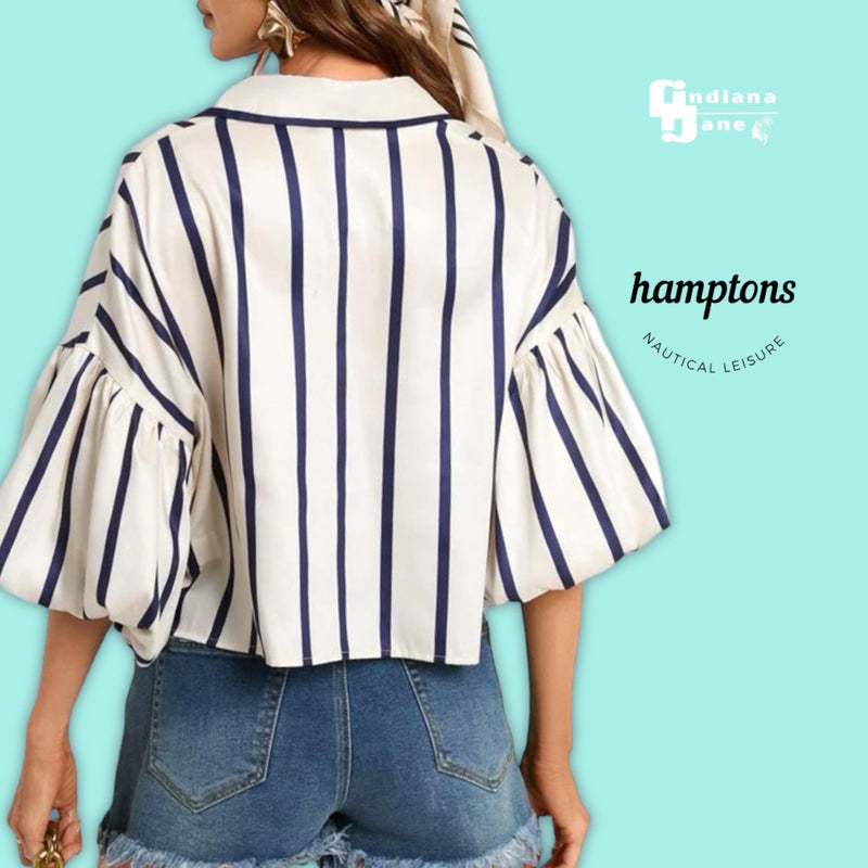 HAMPTONS Bishop Sleeve Buttondown Stripe Blouse Top