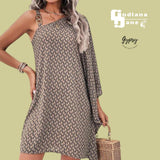 GYPSY Geo Printed Chain Accent Asymmetrical Dress