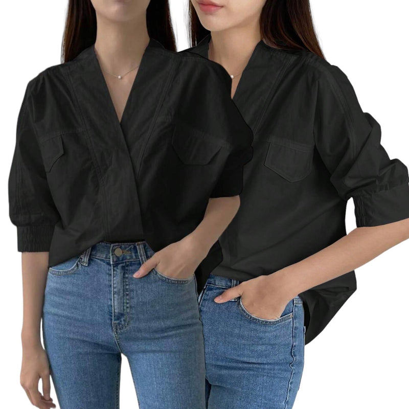 BLUSA Surplice Woven Smock Sleeve Relax Shirt Top