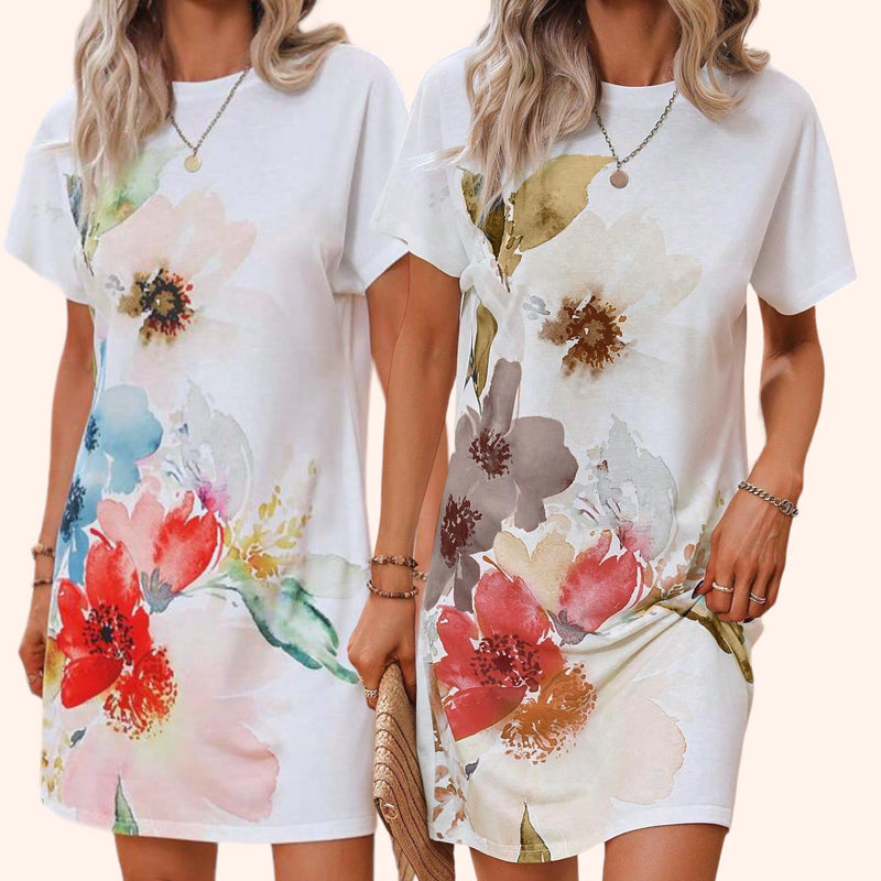 ART DECO Floral Watercolor Print Tee Dress