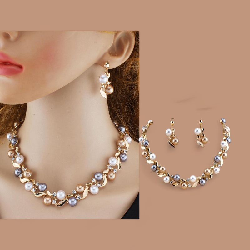 BLING 3pc Jewelry Set Contemporary Pearl Stone Necklace Earrings