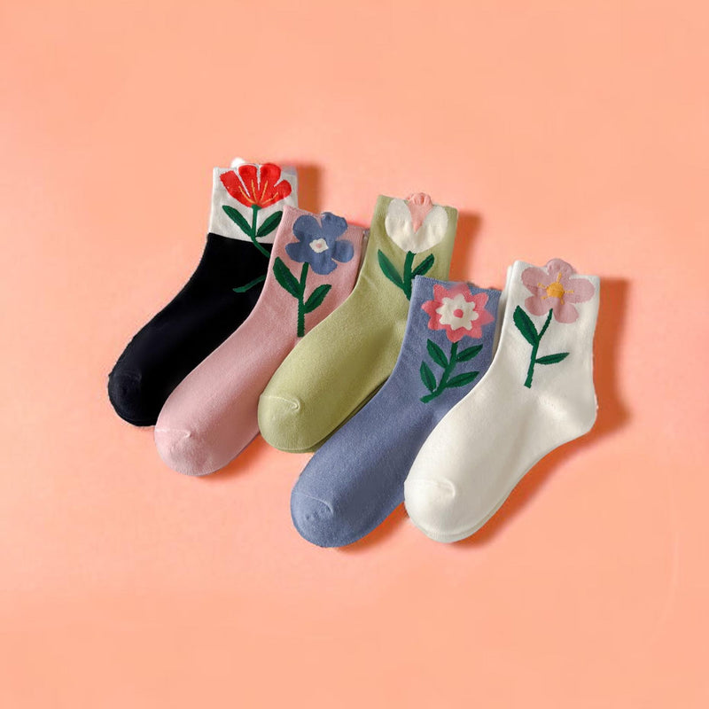 FOOTSIES 5pairs Set Floral Pattern Crew Socks