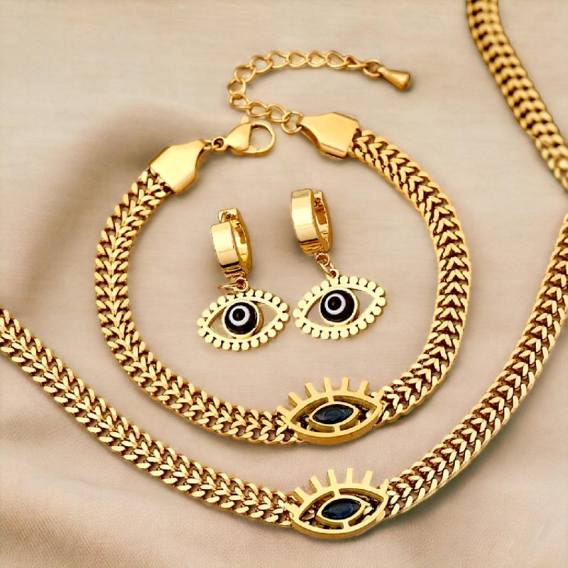BLING 4pcs Set Evil Eye Chain Necklace Bracelet Earrings